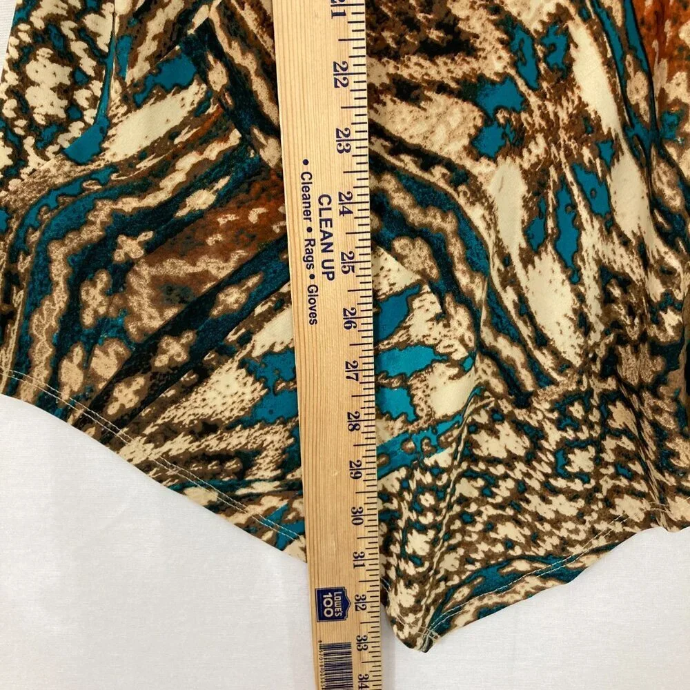 Dressbarn size 14/16‎ Brown Blue Abstract Boho Print Beaded Asymmetric Tunic